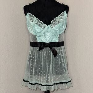 Dreamgirl Mesh Apron Babydoll Dress Women 1X/2X Blue Lace Bow Belt Ruffled Hem